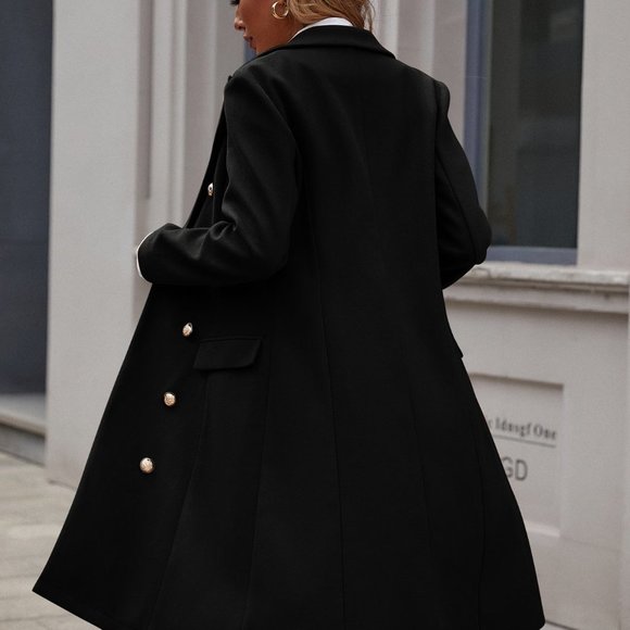 Black Casual Womens Lapel Neck Double Breasted Overcoat - Picture 2 of 5